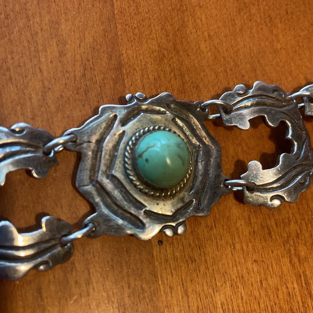 Vintage Taxco 980 Sterling Silver Bracelet with Turquoise Cabochon - Picture 11 of 11